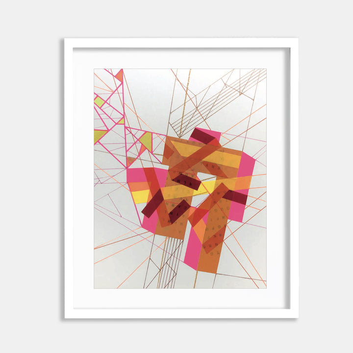 The artwork 'Rrem·Naant Fro 1' by Philippe Halaburda features abstract geometric shapes in warm orange, pink, and yellow tones intersected by delicate linear elements. Angular fragments create a dynamic composition against a white background, with precision-drawn lines radiating outward. Created with felt tip markers, pencil, and tape on paper, the piece combines sharp edges with fluid color transitions.