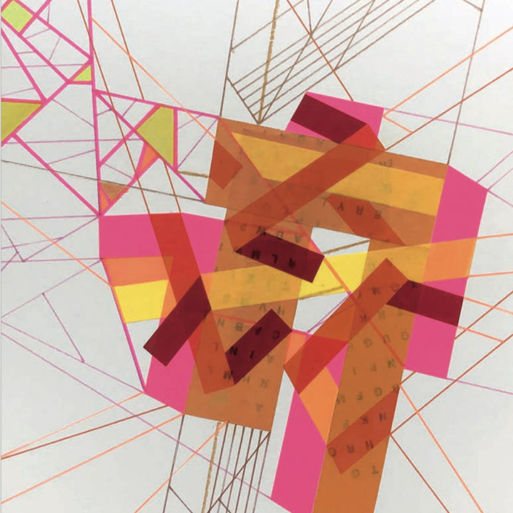 The artwork 'Rrem·Naant Fro 1' by Philippe Halaburda features abstract geometric shapes in vibrant pink, orange, and yellow tones intersected by delicate linear elements. Translucent rectangular forms overlap creating dynamic layers, while precise felt-tip lines create a structured grid pattern. The composition combines warm colors and architectural precision by Philippe Halaburda.