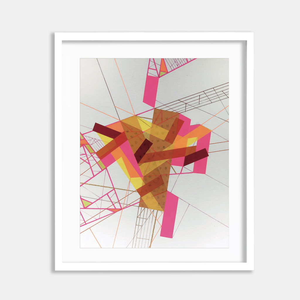 The artwork 'Rrem·Naant Fro 2' by Philippe Halaburda features an abstract geometric composition with vibrant pink and amber angular shapes intersecting against a white background. Thin red lines radiate outward creating dynamic perspective, while overlapping transparent forms suggest depth and movement. Created with felt tip markers, pencil, and tape on paper.
