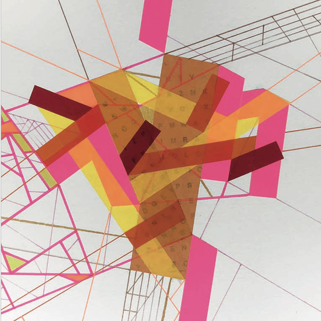 The artwork 'Rrem·Naant Fro 2' by Philippe Halaburda features dynamic geometric abstraction with intersecting angular shapes in vibrant pink, yellow, and orange hues. Sharp lines and transparent overlapping forms create depth on paper, enhanced by felt tip coloring and tape elements. The composition suggests an architectural or spatial exploration through bold diagonal lines and geometric patterns.