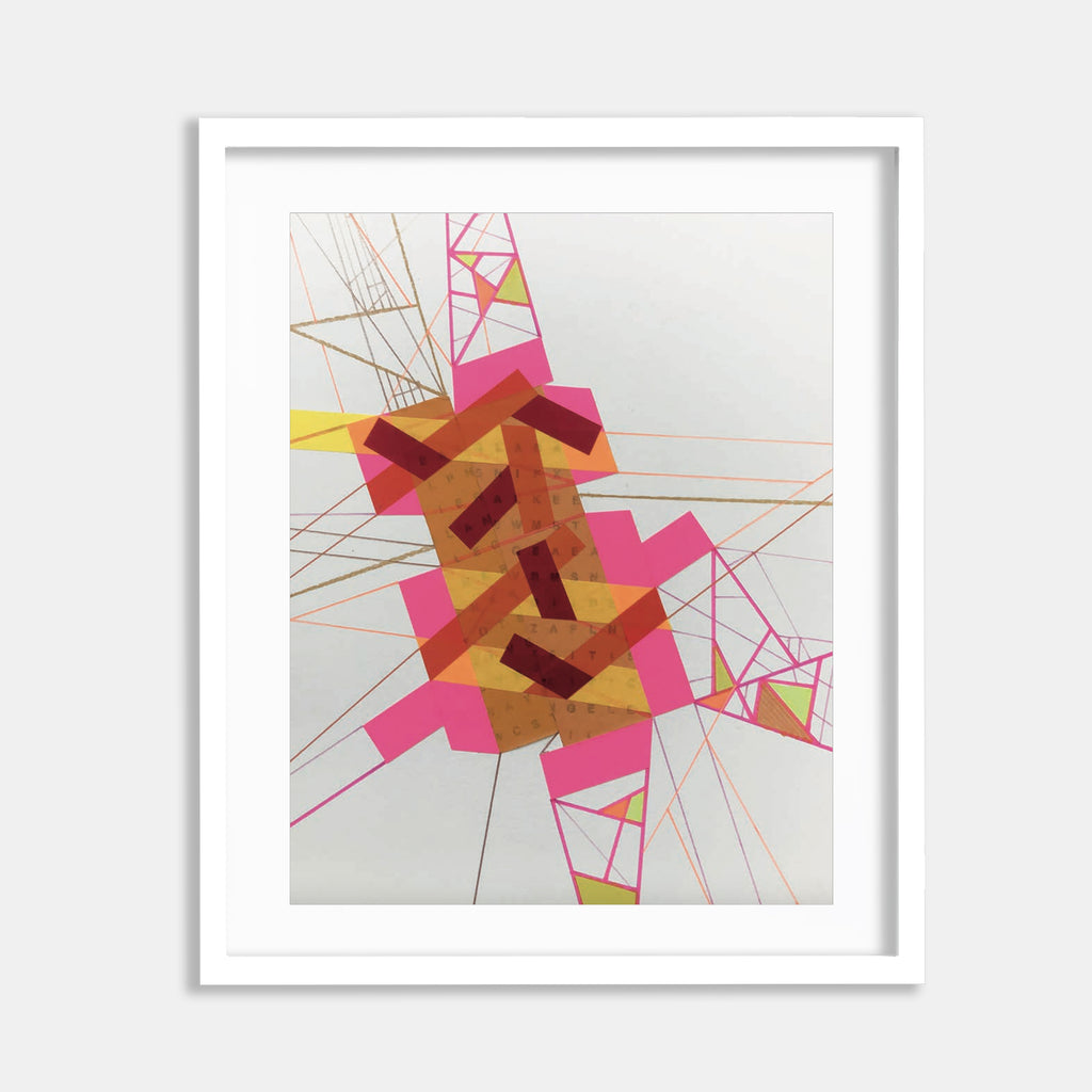 The artwork 'Rrem·Naant Fro 3' by Philippe Halaburda features geometric abstract shapes with vibrant pink and ochre angular forms intersecting against a white background. Fine red linear elements create a dynamic network of diagonal lines, while layered tape elements add textural depth and dimensional complexity to the modern composition.