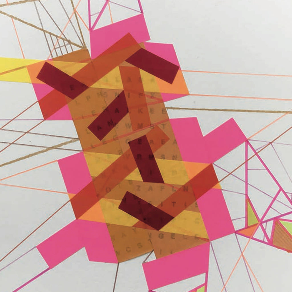 The artwork 'Rrem·Naant Fro 3' by Philippe Halaburda features an abstract geometric composition with overlapping angular shapes in vibrant pink, orange, and yellow hues. Thin brown lines intersect across a white background, creating a dynamic network of diagonal patterns. The felt tip and pencil technique adds textural depth while tape elements contribute to its geometric precision.
