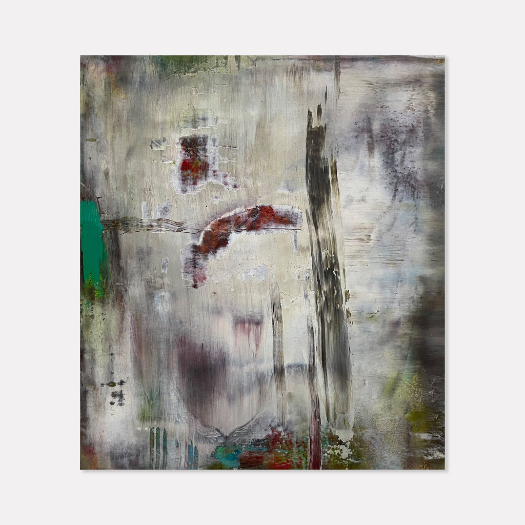 The artwork 'PLUNGE' by Barbara Groh features a moody abstract composition with dramatic vertical brushstrokes in charcoal gray against a misty white background. Touches of deep crimson and emerald green peek through textured layers of cold wax and oil, creating an atmospheric effect reminiscent of rain-streaked windows. The painterly surface shows rich impasto technique and weathered patina.