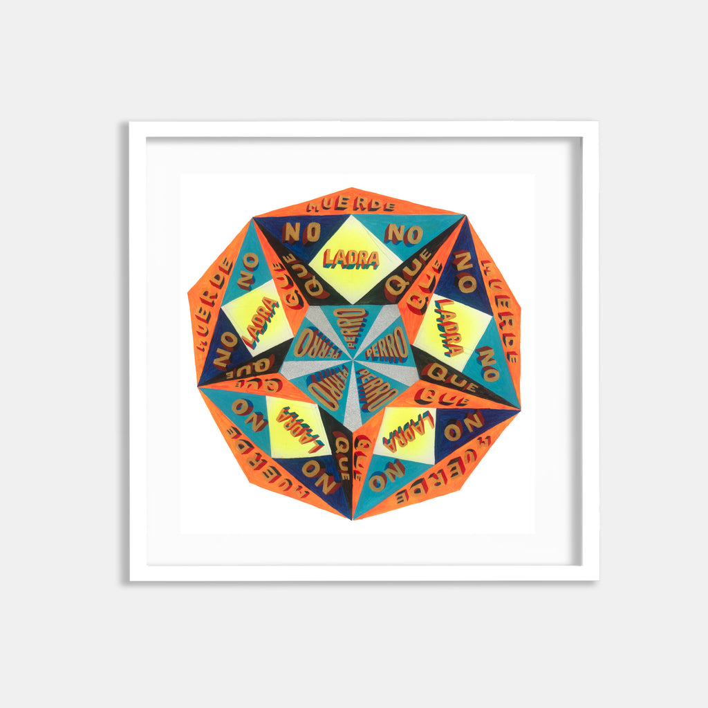 The artwork 'Perro que ladra no muerde' by Pablo A. Medina features a vibrant geometric mandala design with orange, blue, and yellow sections arranged in a decagonal pattern. Text elements repeat around the circular composition, creating a dynamic rhythm. The acrylic painting on paper showcases sharp, precise lines and bold color contrasts within a white frame.
