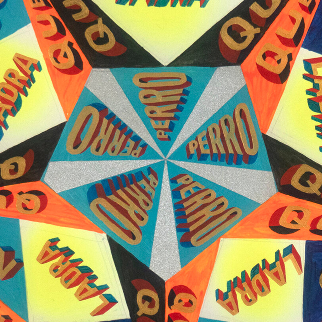 The artwork 'Perro que ladra no muerde' by Pablo A. Medina features a kaleidoscopic pattern with radiating triangular segments in vibrant teal, orange, and yellow. The text 'PERRO' repeats throughout the composition in a circular arrangement, creating a dynamic mandala-like design. Acrylic on paper, the piece combines geometric precision with bold typography. By Pablo A. Medina.
