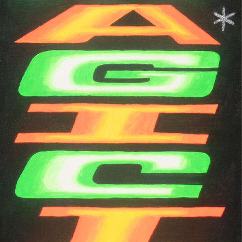 The artwork 'Nous Sommes Tous Des Magiciens' by Pablo A. Medina features bold geometric shapes in fluorescent orange and neon green arranged vertically against a dark background. A small star-like symbol appears in the top right corner. The piece combines glowing acrylic paint and glitter on plywood, creating a vibrant, retro-futuristic aesthetic.