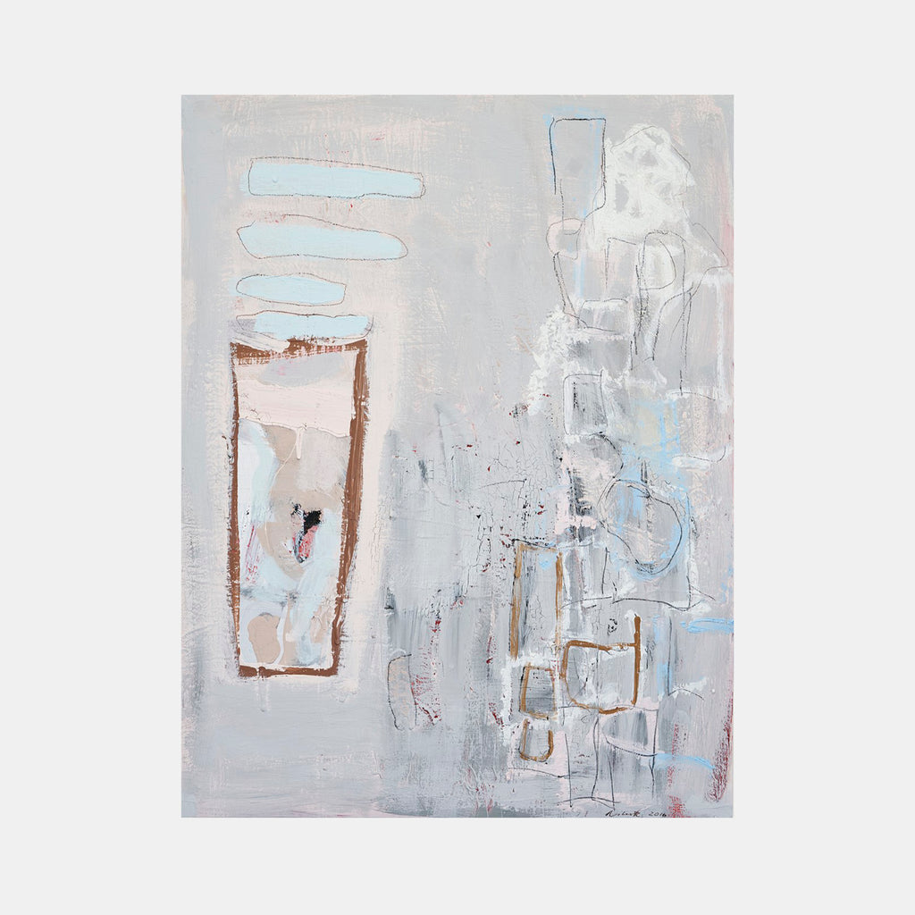 The artwork 'I Never Promised You A Rose Garden #1' by Petra Nimtz features abstract geometric shapes in soft greys and pale blues. A vertical brown rectangular frame appears on the left, while fragmented white and blue forms create a layered composition on the right. Oil on yupo medium creates textural elements with muted tones and gestural brushstrokes.