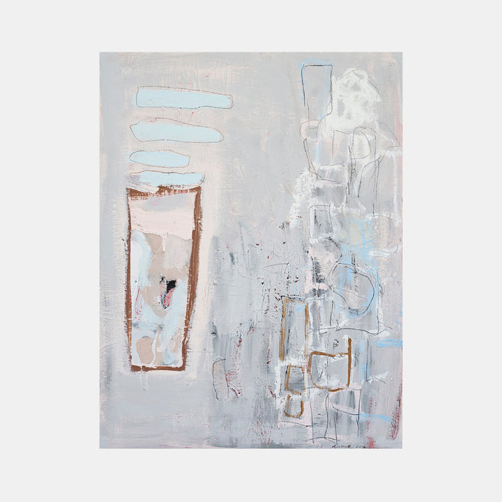 The artwork 'I Never Promised You A Rose Garden #1' by Petra Nimtz features abstract geometric shapes in soft greys and pale blues. A vertical brown rectangular frame appears on the left, while fragmented white and blue forms create a layered composition on the right. Oil on yupo medium creates textural elements with muted tones and gestural brushstrokes.
