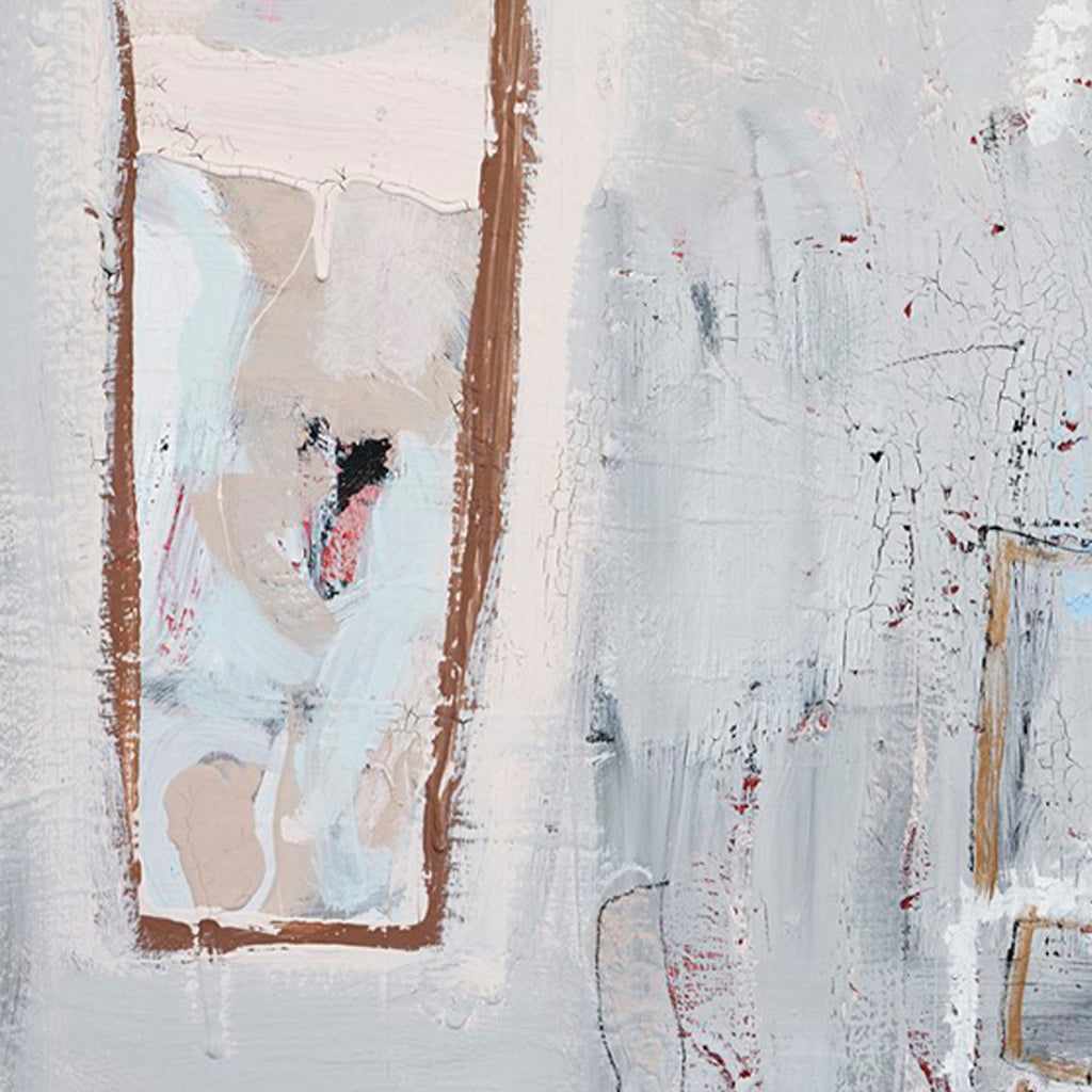 The artwork 'I Never Promised You A Rose Garden #1' by Petra Nimtz features abstract expressionist composition with vertical brown frames against a misty gray background. Textured brushstrokes in pale blue, beige, and white create ethereal depth, while delicate touches of coral pink add subtle contrast. Oil paint on yupo paper creates unique translucent effects and layered textures.