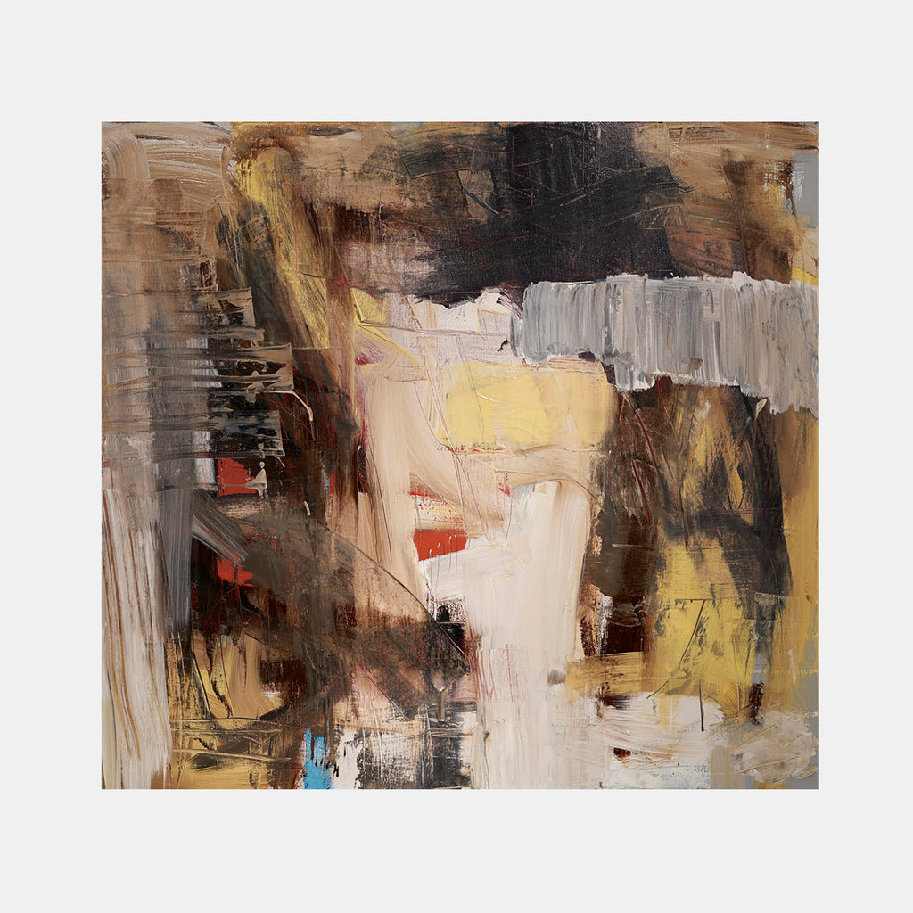 The artwork 'Recipe For Heartbreak #1' features bold abstract expressionist strokes in earthy browns, muted yellows, and stark whites. Textured brushwork creates dynamic movement across the linen canvas, with dramatic contrasts between light and dark areas. Gestural marks and layered paint reveal emotional depth through abstract composition by Petra Nimtz.