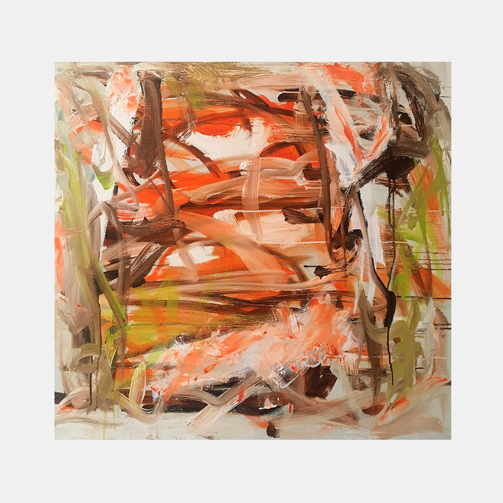 The artwork 'She's Looking For Another Lover to Burn' by Petra Nimtz features dynamic abstract expressionist brushstrokes in vibrant orange, brown, and olive green. Bold gestural marks create a sense of movement across the oil on linen canvas, with intersecting dark branches or linear forms against a warm atmospheric background, suggesting organic forms in nature.