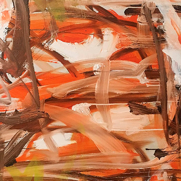 The artwork 'She's Looking For Another Lover to Burn' features dynamic brushstrokes in vibrant orange, brown, and white hues. Abstract expressionist composition with bold sweeping strokes creates movement across the canvas, suggesting emotional intensity. Oil on linen painting showcases textural elements and gestural marks in warm earth tones. By Petra Nimtz.