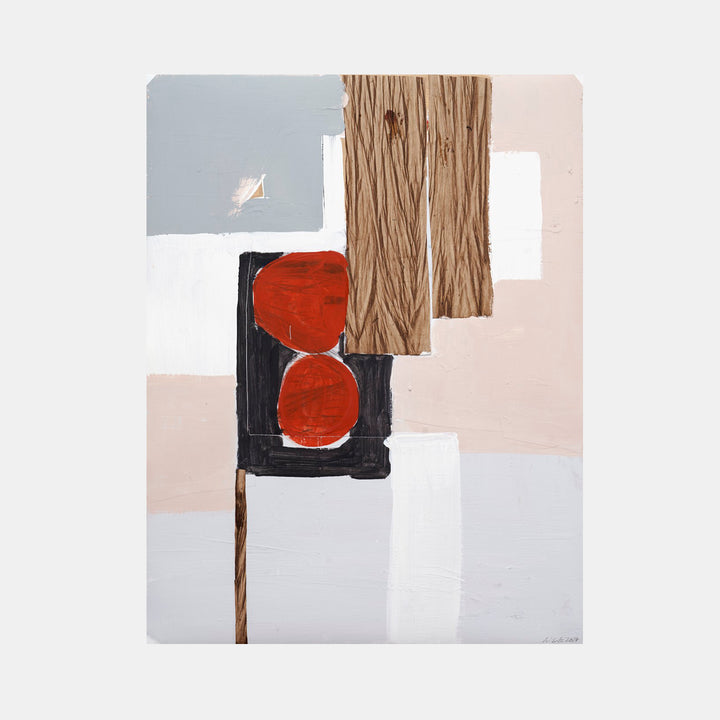 The artwork 'The Other Side of Things #2' by Petra Nimtz features abstract geometric composition with bold red circular forms against black backdrop, contrasting with textured brown vertical elements reminiscent of wood grain. White and pale gray blocks create a minimalist, balanced arrangement on yupo paper, showcasing acrylic collage technique.