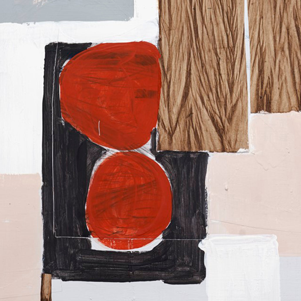 The artwork 'The Other Side of Things #2' by Petra Nimtz features bold abstract composition with two vibrant red circular forms against a contrasting black rectangular background, balanced by textured brown panels and clean white spaces, created using acrylic collage on yupo paper, measuring 26x20 inches. By Petra Nimtz.