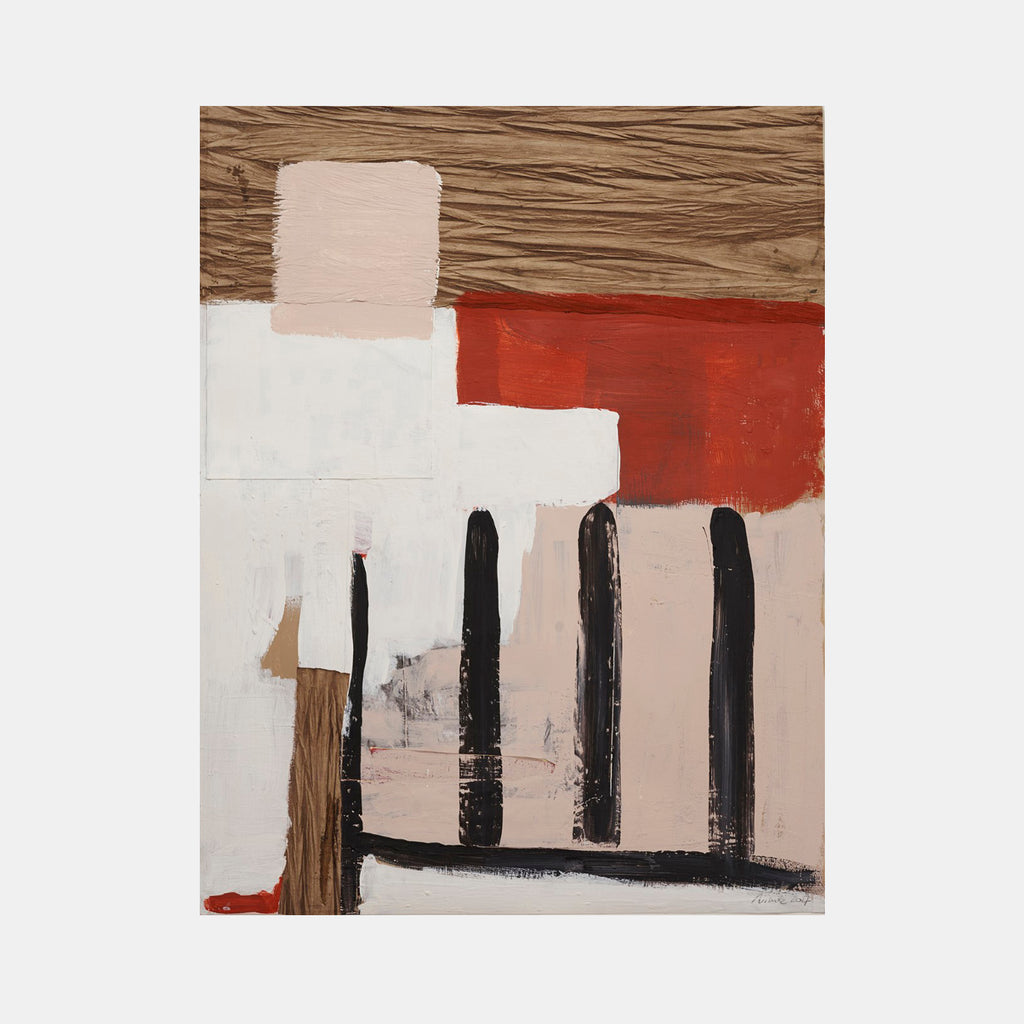 The artwork 'The Other Side of Things #3' by Petra Nimtz features an abstract composition on yupo paper with bold geometric shapes in earthy tones. The piece combines rustic brown, stark white, and deep red blocks with vertical black brushstrokes, creating a minimalist architectural feel through acrylic collage technique. 30x24 inches, by Petra Nimtz.