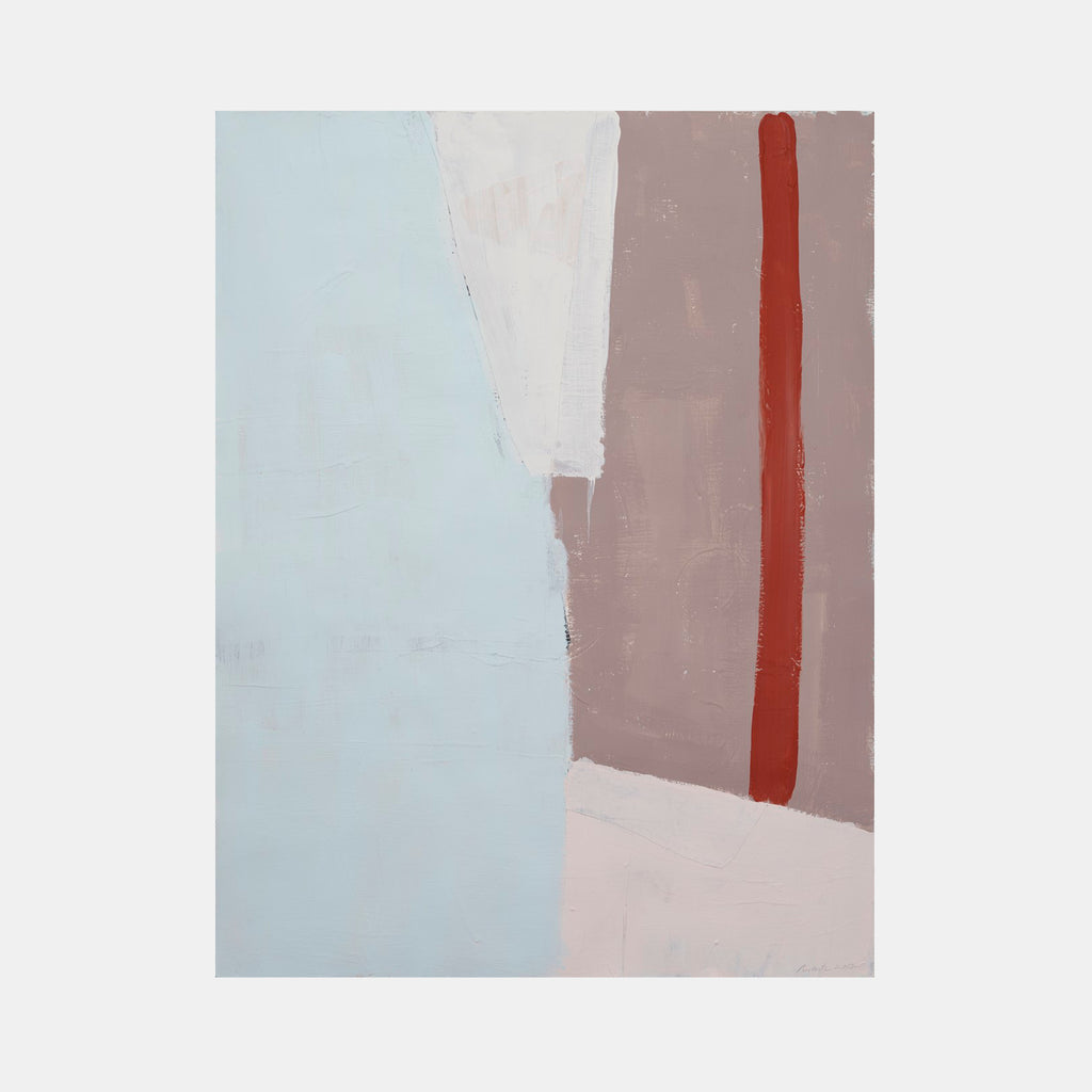 The artwork 'The Other Side of Things #4' by Petra Nimtz features a minimalist abstract composition on yupo paper. Bold geometric shapes in soft pale blue, cream white, and mauve tones are intersected by a striking vertical red line. The acrylic collage technique creates subtle texture variations across the 34x26 inch surface by Petra Nimtz.