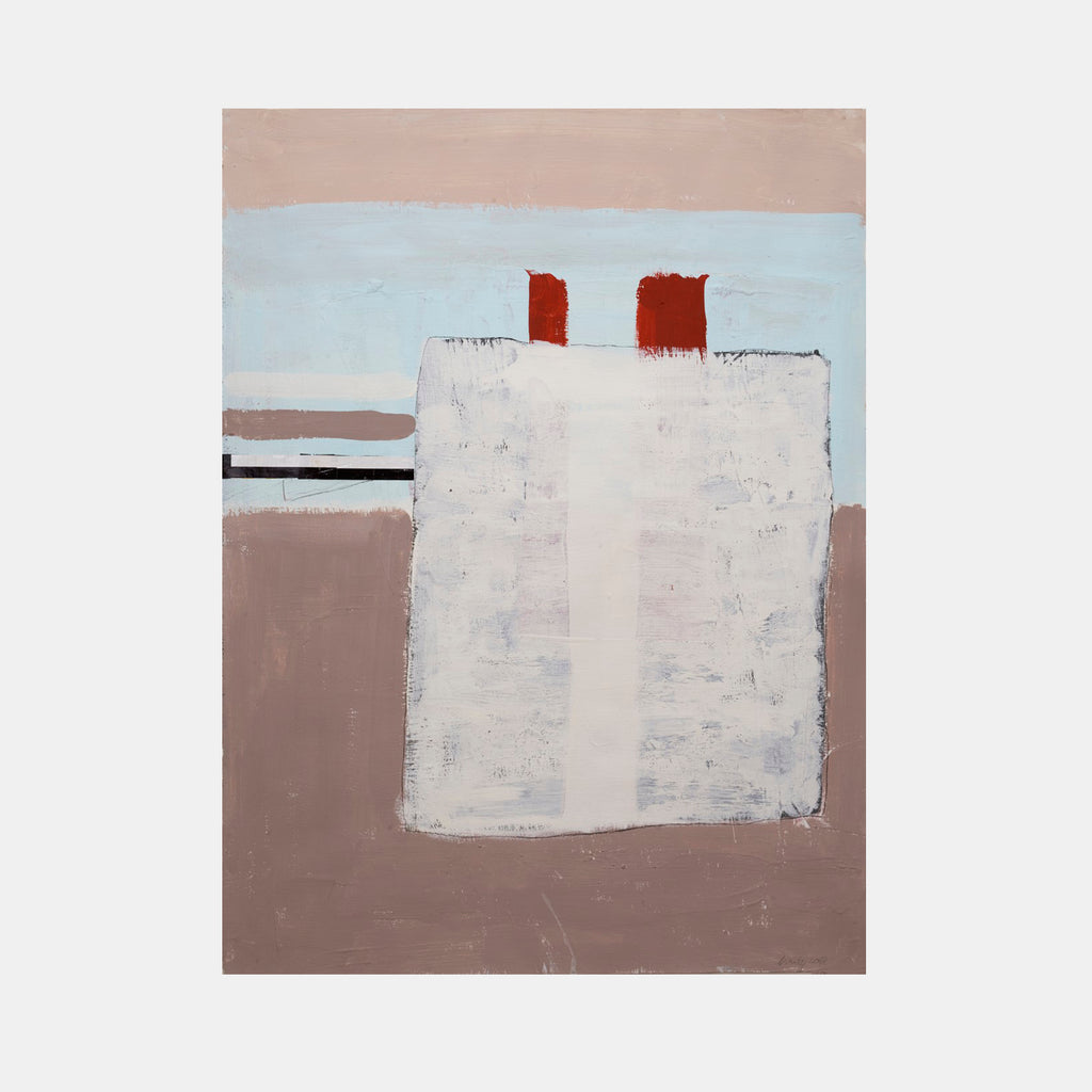 The artwork 'The Other Side of Things #5' by Petra Nimtz features a minimalist abstract composition with a textured white rectangular form centered against muted brown and blue-gray backgrounds. Two bold red accents crown the white structure, creating architectural suggestions. Acrylic collage on yupo paper showcases distinct brushwork and layered elements.