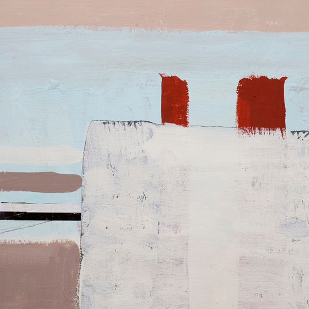 The artwork 'The Other Side of Things #5' by Petra Nimtz features a minimalist abstract composition with bold geometric shapes. Two striking red rectangles contrast against a muted white and pale blue background, while earthy brown tones anchor the lower portion. Created using acrylic collage on yupo, the piece showcases textural brushwork and clean linear elements.