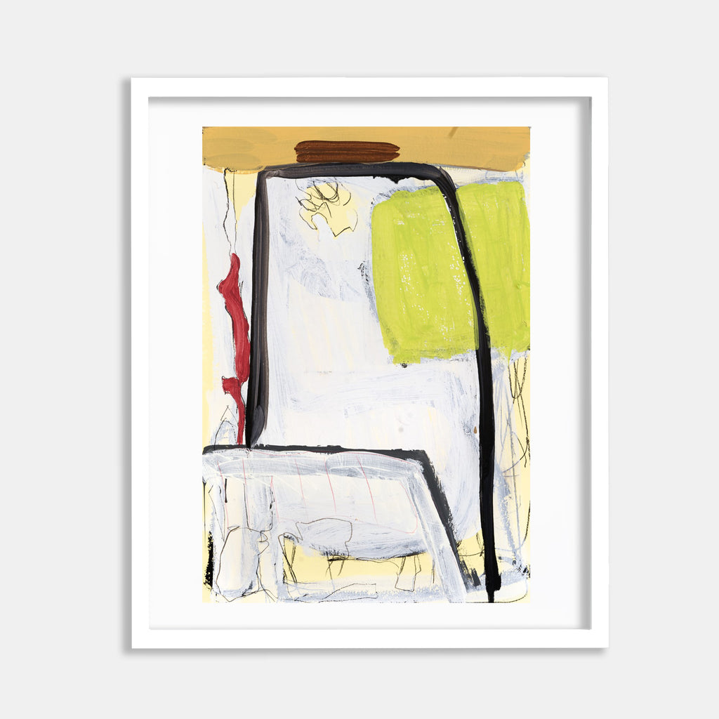 The artwork 'Thinking Out Loud #1' by Petra Nimtz features abstract geometric shapes with bold black lines against a white background. Vibrant accents of chartreuse green, mustard yellow, and crimson red create dynamic contrast. The acrylic on paper piece showcases an expressive, minimalist style with spontaneous brushstrokes and architectural elements.