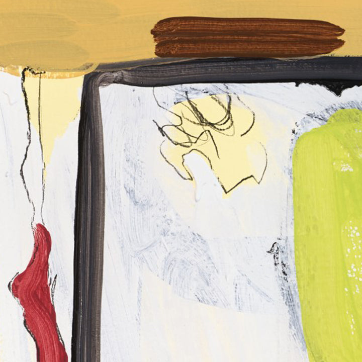 The artwork 'Thinking Out Loud #1' by Petra Nimtz features an abstract composition with bold geometric shapes and vibrant color blocks. Yellow, red, and lime green elements contrast against a white background, with thick black brushstrokes creating dynamic boundaries. The acrylic painting on paper showcases expressive brushwork and contemporary abstract style.