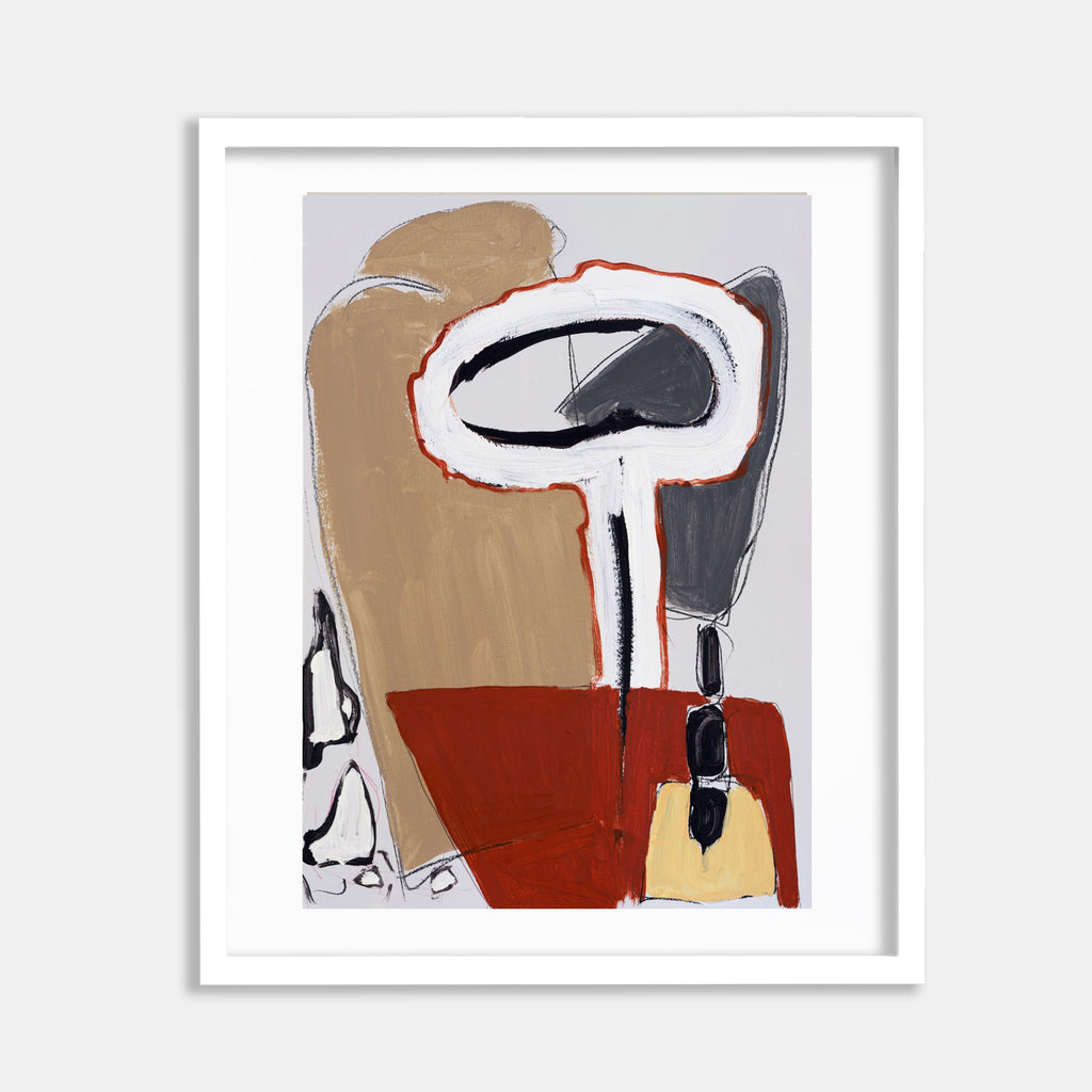 The artwork 'Thinking Out Loud #2' by Petra Nimtz features an abstract composition with bold geometric shapes in tan, rust red, and charcoal gray. A distinctive white oval form with black accents dominates the upper portion, while angular blocks in warm earth tones ground the lower composition. The acrylic on paper piece showcases expressive brushwork and contemporary minimalist style.