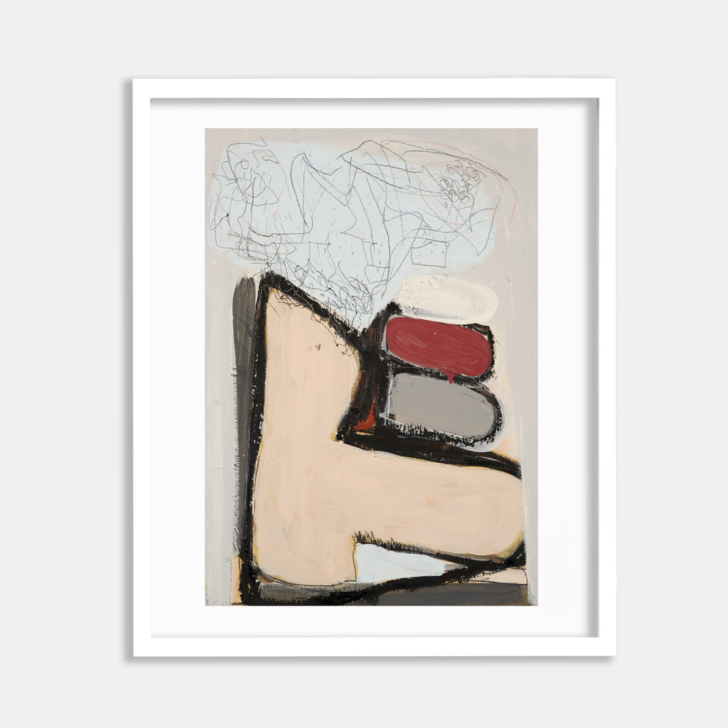 The artwork 'Thinking Out Loud #3' by Petra Nimtz features an abstract composition with bold geometric shapes in cream and black, accented by a deep red rectangle. Delicate blue line drawings float above, creating an ethereal contrast with the solid forms below. Acrylic on paper, presented in a white frame, showcasing a minimalist yet expressive artistic style.