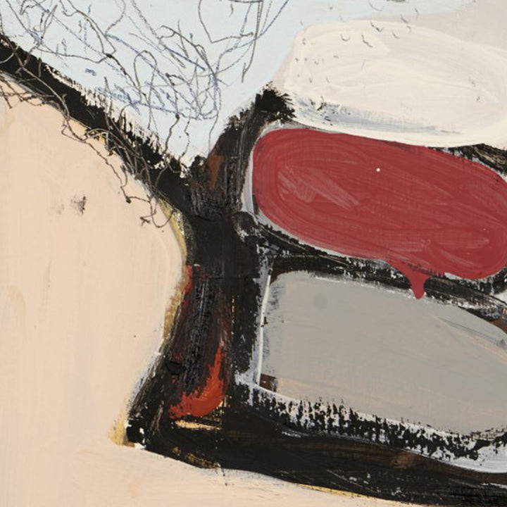 The artwork 'Thinking Out Loud #3' by Petra Nimtz features an abstract composition with bold brushstrokes in red, black, and pale peach tones. Dynamic black gestural marks create strong contrast against light backgrounds, while a distinctive red oval shape dominates the upper right. The acrylic painting showcases an energetic, expressionist style with textural elements and spontaneous linework. By Petra Nimtz.