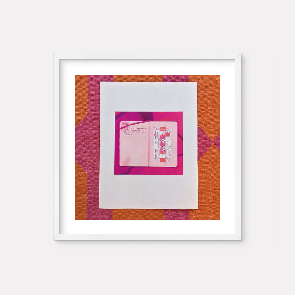 The artwork 'Those Above and Below' by Anne Sherwood Pundyk features a geometric composition with a white central frame containing a pink square document snippet, set against a vibrant background of intersecting orange and magenta textile-like textures. The archival digital inkjet print is presented in a clean white frame.