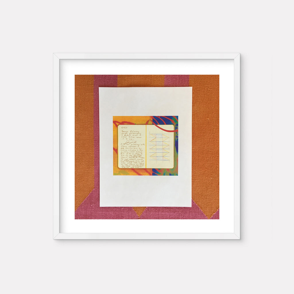 The artwork 'Sonia Delaney' by Anne Sherwood Pundyk features an open notebook with handwritten text against a vibrant background. The composition includes warm orange and pink border frames, with a white central mat. The notebook pages display cursive writing and are bordered by colorful rainbow-like edges, presented as an archival digital inkjet print in a clean white frame.