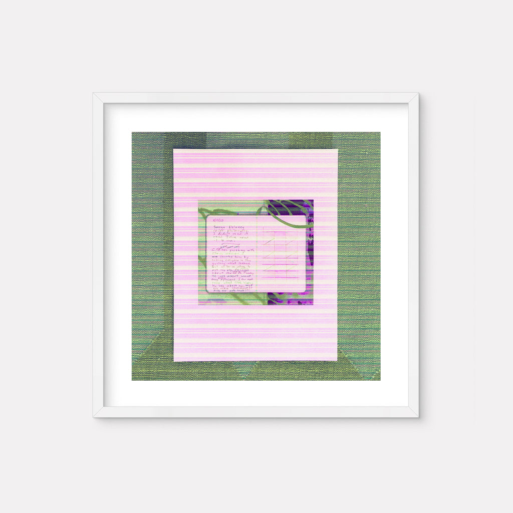 The artwork 'Strong Women' by Anne Sherwood Pundyk features a minimalist composition with layered geometric elements. A central square text block appears against a pink striped background, bordered by a sage green textured frame. The piece combines delicate pastel hues with textural elements in a 13x13 inch digital print format by Anne Sherwood Pundyk.