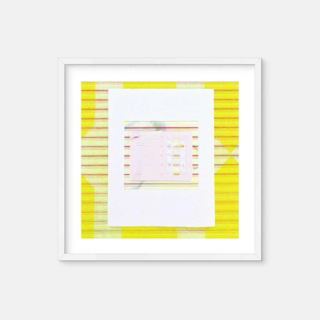 The artwork 'Square Dance' by Anne Sherwood Pundyk features a minimalist composition with a central white rectangular space bordered by vibrant yellow edges. The piece incorporates subtle pink undertones and horizontal linear elements, creating a geometric interplay of color and space. The digital print displays a delicate balance of negative space and luminous color fields. By Anne Sherwood Pundyk.