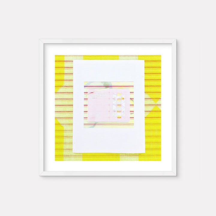 The artwork 'Square Dance' by Anne Sherwood Pundyk features a minimalist composition with a central white rectangular space bordered by vibrant yellow edges. The piece incorporates subtle pink undertones and horizontal linear elements, creating a geometric interplay of color and space. The digital print displays a delicate balance of negative space and luminous color fields. By Anne Sherwood Pundyk.
