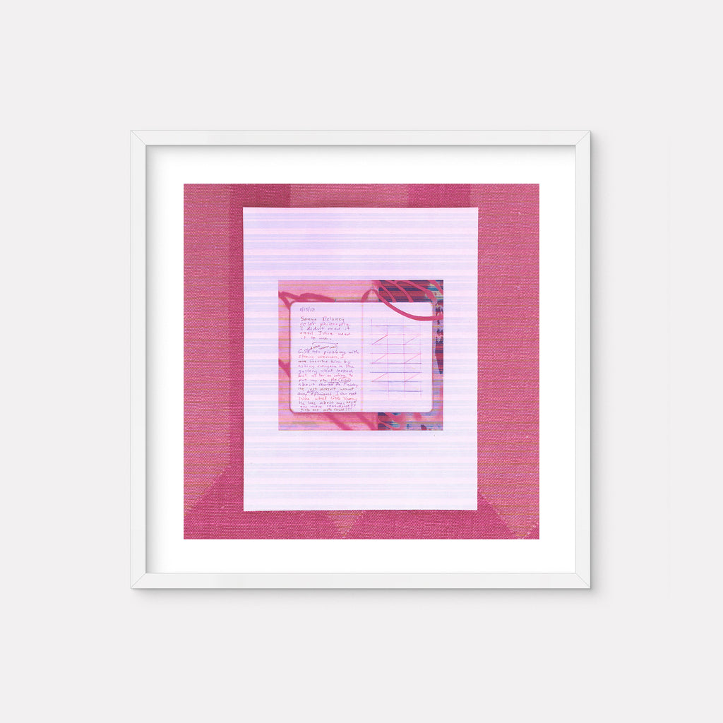 The artwork 'Color Philosophy' by Anne Sherwood Pundyk features a minimalist composition with a handwritten note in a pink-bordered frame, set against a soft pink background with subtle gradients. The archival digital inkjet print showcases layered geometric shapes, creating depth through concentric squares in various shades of pink and white. The piece combines textural elements with a delicate, monochromatic color palette.