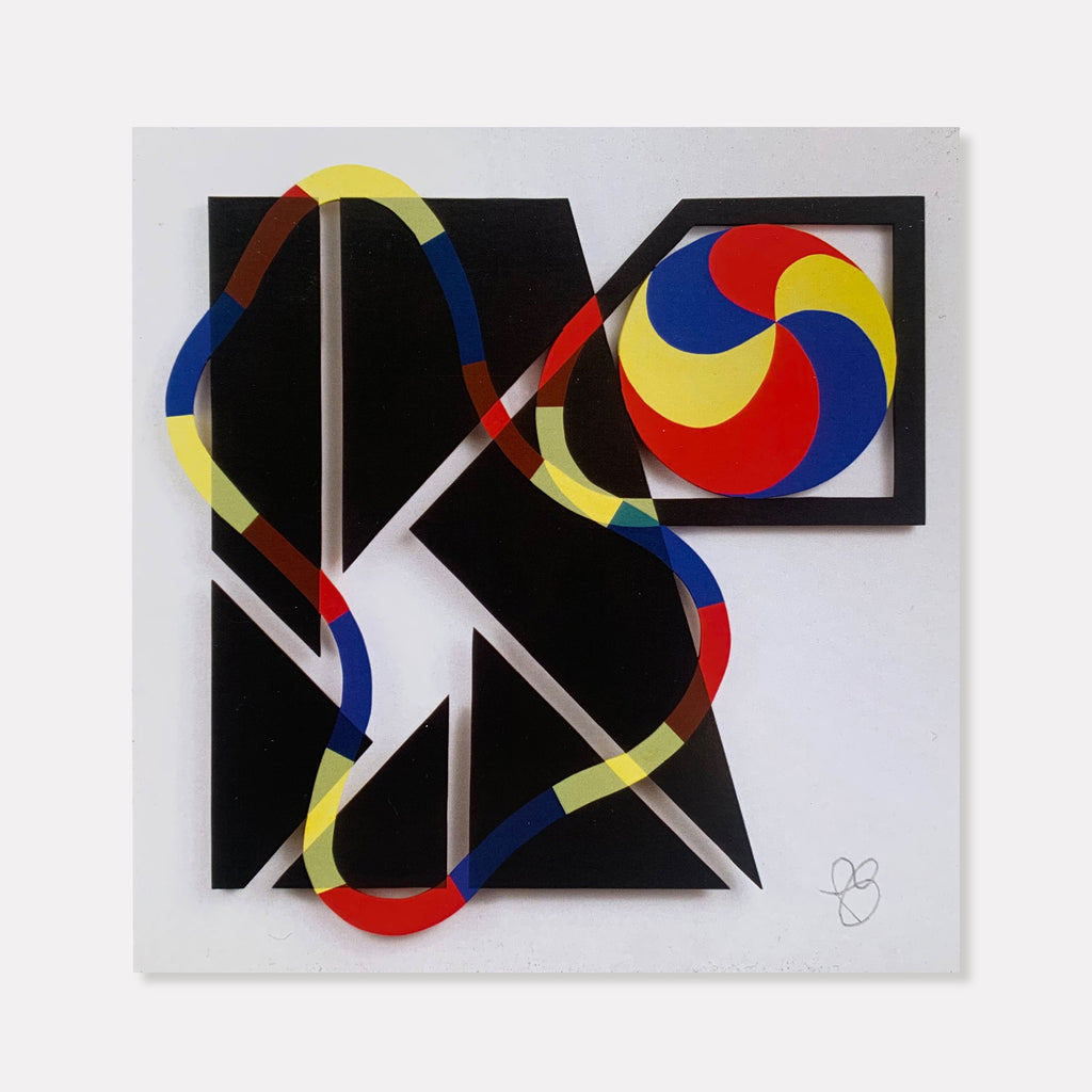 The artwork 'By the Sea' by Fred Bendheim features geometric abstract composition with vibrant primary colors. A curved ribbon-like form in red, yellow, and blue weaves through black angular shapes, complemented by a circular pinwheel design in the top right corner. The 6x6 inch signed postcard showcases a modernist style against a white background - Fred Bendheim