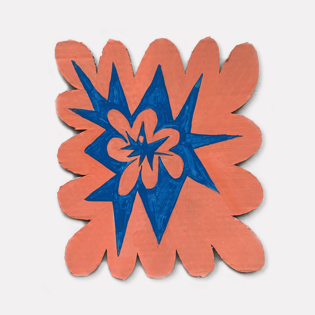 The artwork 'Stamp' by Fred Bendheim features a bold geometric design with a coral-pink scalloped square background and an electric blue star-burst pattern in the center. The abstract composition combines angular and organic shapes, creating a dynamic floral-like motif. Painted in acrylic on cardboard, measuring 12x10 inches, the piece showcases a striking contrast between warm and cool tones.