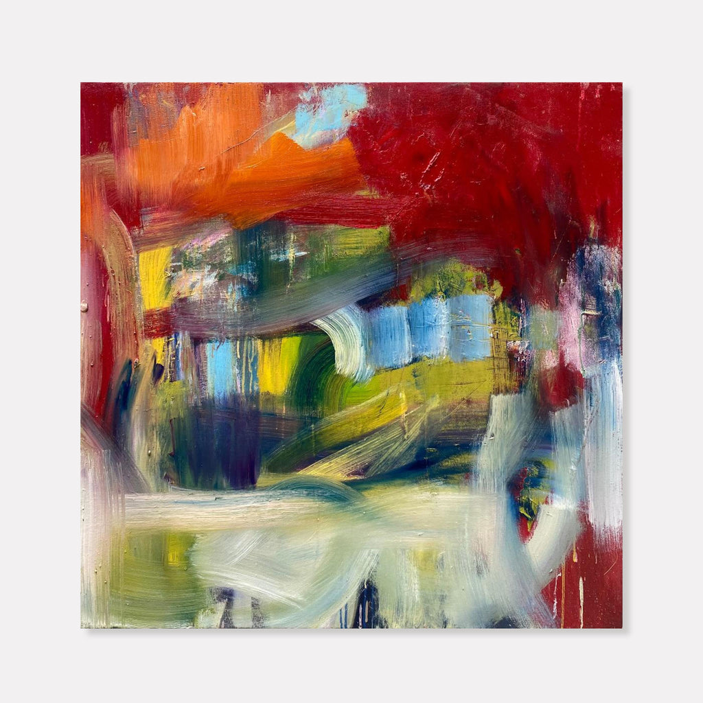 The artwork 'Clearing' by Kevin McGoff features dynamic brushstrokes in vibrant colors, with bold reds, oranges, and blues dominating the upper canvas, transitioning to softer yellows and whites below. The abstract composition suggests a turbulent sky clearing to a peaceful landscape, with energetic gestural marks creating movement and depth across the 30x30 inch oil painting.
