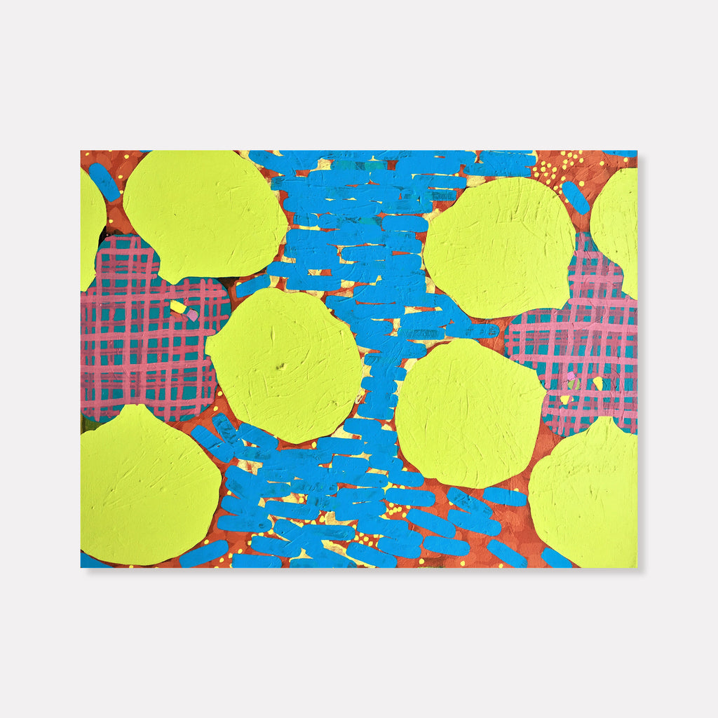 The artwork 'Composition No. 76' by Raul Ortiz features vibrant neon yellow circular forms floating against a dynamic background of electric blue and rusty orange. Pink plaid patterns peek through the layers, creating depth and texture. The abstract composition, rendered in acrylic on canvas, measures 24 by 30 inches and showcases a bold, contemporary aesthetic.