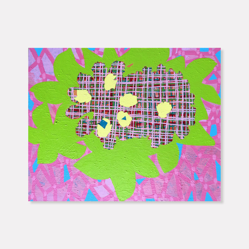 The artwork 'Composition No. 85' by Raul Ortiz features a vibrant lime green floral shape against a textured pink background. A geometric plaid pattern in black, white, and gray fills the center, accented with yellow circular elements. The acrylic painting on canvas combines bold colors with contrasting patterns, creating a dynamic contemporary abstract composition - by Raul Ortiz.