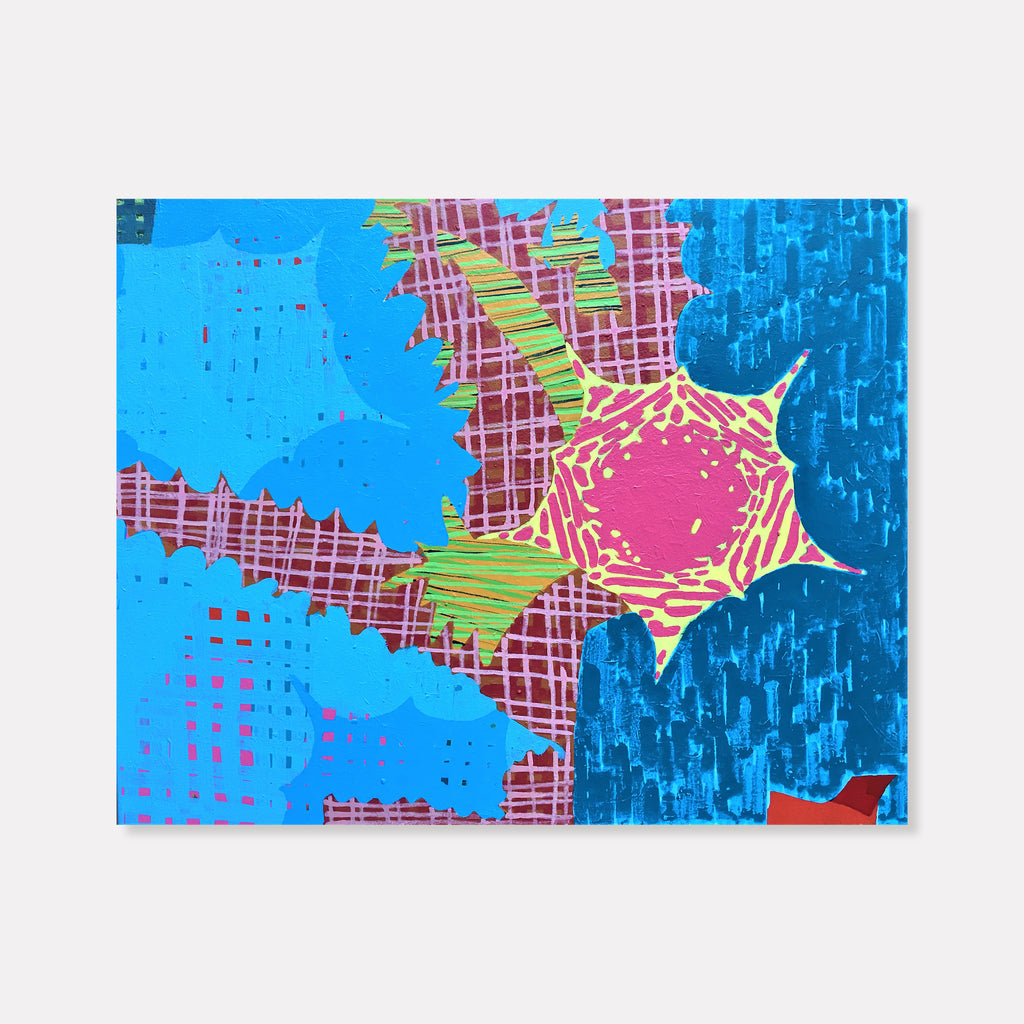 The artwork 'Composition No. 95' by Raul Ortiz features a vibrant abstract design with a striking pink geometric star shape against contrasting bright blue backgrounds. Grid-like patterns in burgundy and lime green intersect across the canvas, creating dynamic movement. The acrylic painting on 24x30 canvas combines sharp linear elements with textural brushwork, especially in the deep blue section.