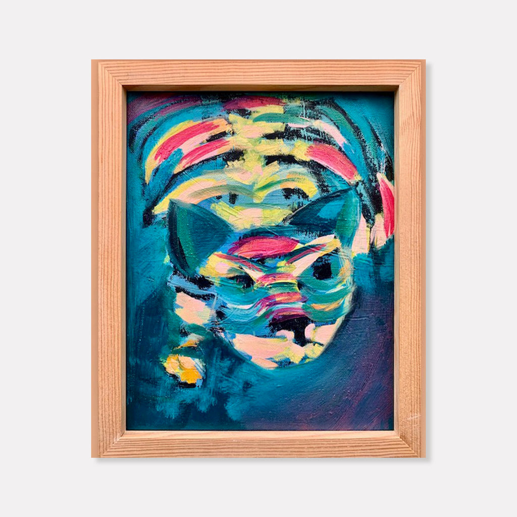The artwork 'Crouching Umma' features vibrant brushstrokes in turquoise, pink, and yellow creating an abstract expressionist composition against a deep blue background. Dynamic swirls and curved lines create movement across the 10x8 inch oil canvas, framed in natural wood. Original artwork by Jane Lawrence.