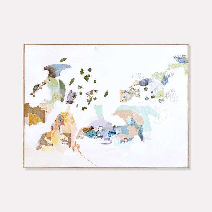 The artwork 'December Summer (AUSTRALIA)' by Linden Eller features an abstract mixed media composition on canvas with delicate watercolor-like elements in soft pastels. Flowing shapes in mint green, pale blue, and warm browns create a dreamlike landscape, with scattered organic forms suggesting floating leaves or fragments. The piece demonstrates a light, airy quality with thoughtful negative space and subtle textural variations.