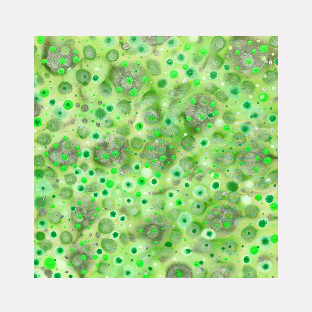 The artwork 'Greeniliscious' by Eric Jiaju Lee features a vibrant abstract composition of floating circular forms in various shades of green and silver. The organic pattern resembles microscopic cells or bubbles, creating a dynamic and ethereal effect across the acrylic canvas. The luminous green circles overlap and disperse against a lighter backdrop, producing a mesmerizing cellular landscape texture.