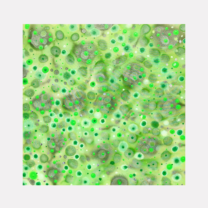 The artwork 'Greeniliscious' by Eric Jiaju Lee features a vibrant abstract composition of floating circular forms in various shades of green and silver. The organic pattern resembles microscopic cells or bubbles, creating a dynamic and ethereal effect across the acrylic canvas. The luminous green circles overlap and disperse against a lighter backdrop, producing a mesmerizing cellular landscape texture.