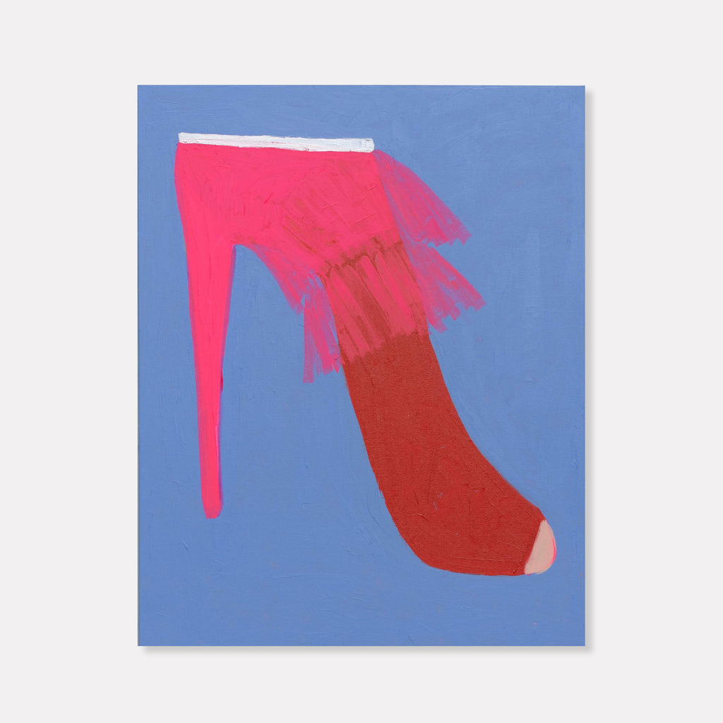 The artwork 'Fan See' by Gyan Shrosbree features a vibrant stiletto heel rendered in bold pink and deep red against a serene blue background. The acrylic painting captures a contemporary pop art style with clean lines and striking color contrasts, depicting a stylized high-heeled shoe with abstract brushwork details along the upper portion. Painted on stretched canvas, 30x24 inches.