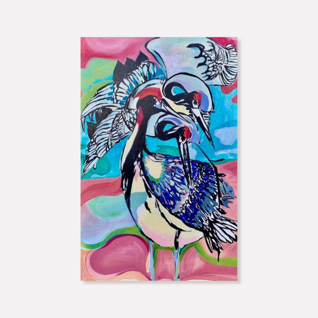 The artwork 'Feathered' depicts a vibrant bird in expressive style, featuring bold brushstrokes of electric blue, turquoise, and pink. The bird's feathers are rendered in dynamic black and white patterns, set against a swirling abstract background of pastel pinks and mint greens. Oil on canvas, 40x26 inches by Jane Lawrence.