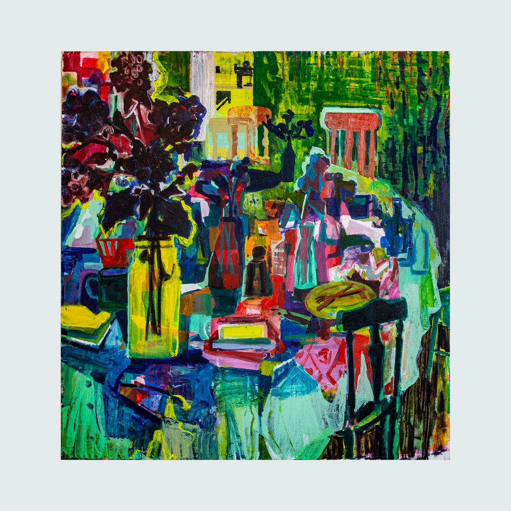 The artwork 'Grain of Salt' by Allison Gildersleeve features a vibrant abstract composition with bold brushstrokes in rich greens, blues, and purples. The painting depicts a dynamic interior scene with suggested furniture forms and objects emerging from layers of expressive paint. The oil and acrylic technique creates energetic textures and overlapping color blocks, combining gestural abstraction with hints of domestic space.