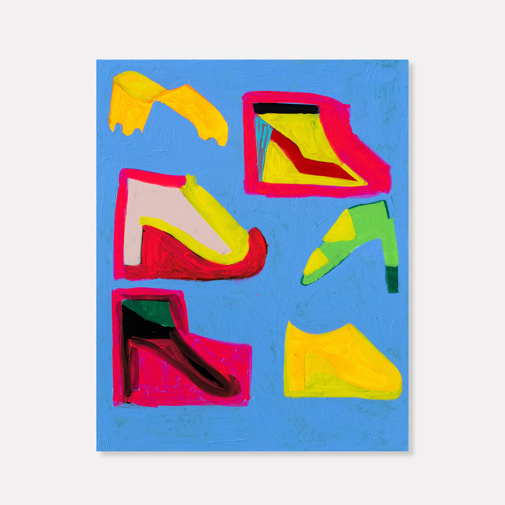The artwork 'Business Casual' by Gyan Shrosbree features six abstract shoe shapes in vibrant colors against a bright blue background. The shoes are rendered in bold yellow, hot pink, and green hues with dynamic brushstrokes. The acrylic painting on canvas displays a playful, pop art style with thick outlines and simplified forms, creating a modern take on footwear imagery.