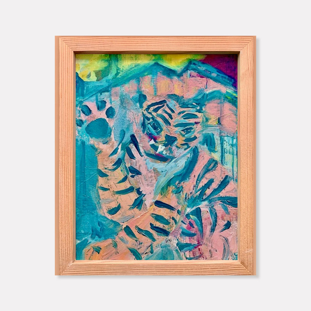 The artwork 'Hi5' by Jane Lawrence features vibrant abstract brushstrokes in turquoise and coral pink, creating a dynamic pattern reminiscent of tropical foliage or organic forms. The oil painting, set in a natural wood frame, showcases expressive layered techniques with bold swirling motions, blending cool and warm tones in a contemporary style.