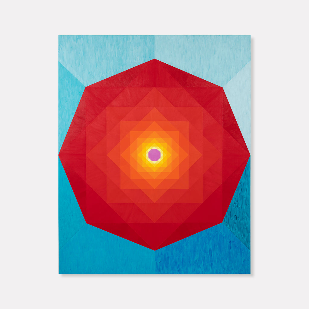 I Float Down, but Move Up" by Amber Heaton features a striking geometric octagon composed of concentric layers transitioning from deep red to vibrant orange to brilliant yellow at its center, set against a turquoise blue background. The acrylic painting creates a mesmerizing optical effect through precise color gradation and sharp angular shapes.