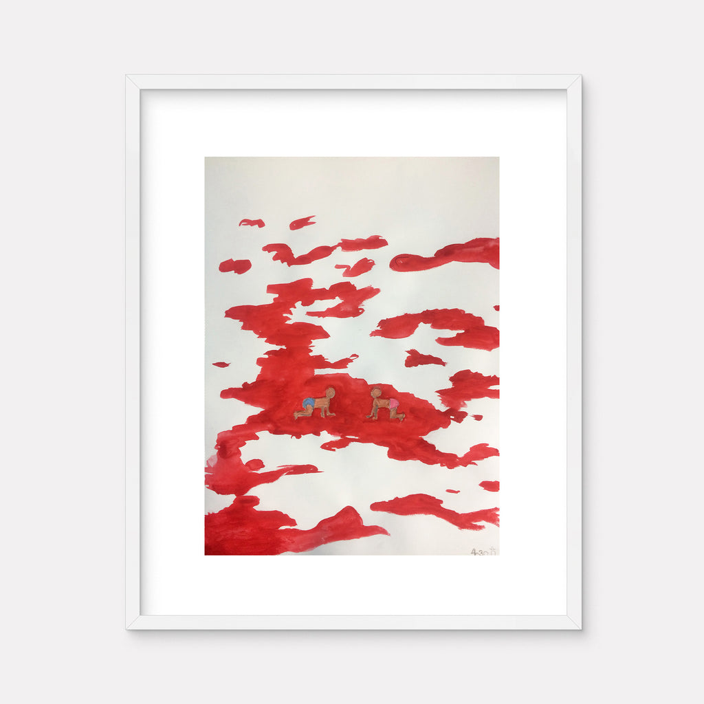 The artwork 'The End...is the beginning (the aftermath)' by Jodie Lyn-Kee-Chow features abstract red watercolor-like splashes across white paper, with two small silhouetted figures standing within the crimson expanse. Created using gouache, colored pencil, and graphite, the piece showcases fluid, organic shapes in vibrant scarlet tones against a stark white background by Jodie Lyn-Kee-Chow.
